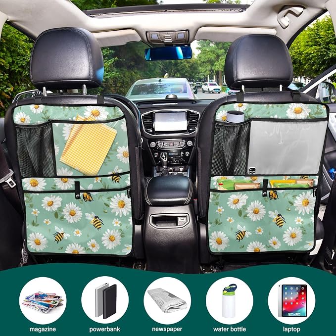 2 Pack Back Seat Car Organizer with Storage Pockets Kick Mats Back Seat Protector Hanging Car Organizer Automotive Seat Back Cover Organizers Mint Green Daisy Flowers and Bees
