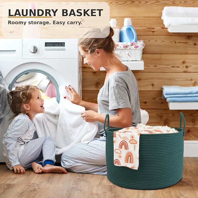 XUANGUO 66L Large Blanket Basket, Round Cotton Rope Basket, Dark Green | 20" x 13" Laundry Basket with Sturdy Handles for Blankets, Pillows and Toys; Storage for Living Room, Bedroom and Nursery