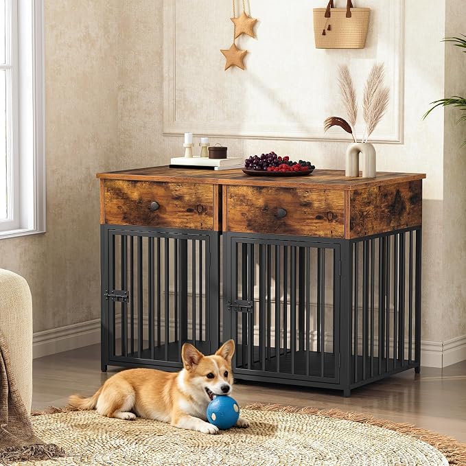 HOOBRO Dog Crate Furniture, Wooden Dog House, Decorative Dog Kennel with Drawer, Indoor Pet Crate End Table for Small Dog, Steel-Tube Puppy Cage, Chew-Proof, Rustic Brown and Black BF01GW03