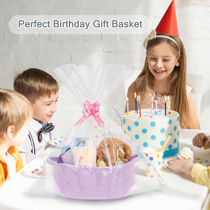 COMSE Empty Small Gift Basket with Bag & Ribbons, Purple | Cotton Rope, 12"x 8"x 5", Baby Toy Organizer, Stores Small Items for Bedrooms, Nurseries, Bathrooms, Living Rooms, Offices