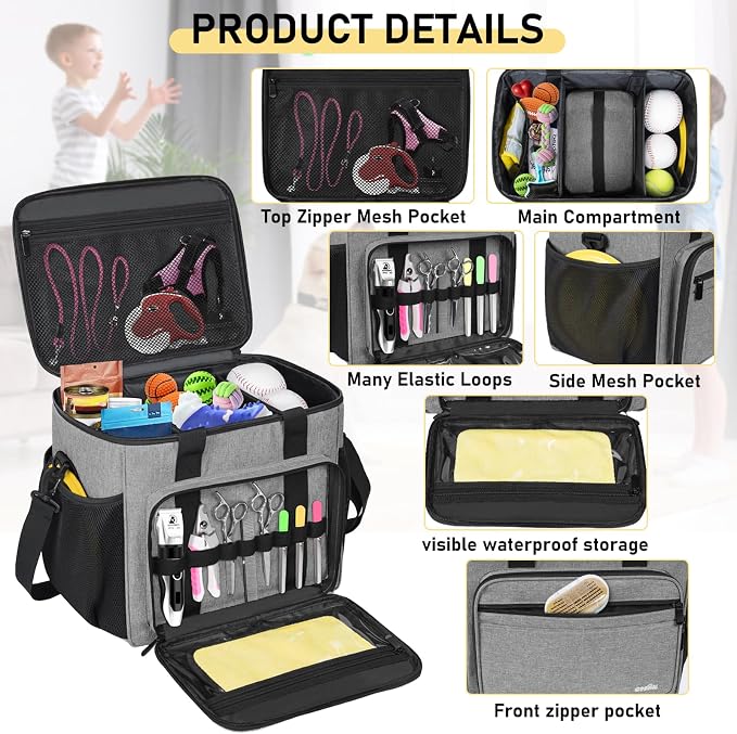GMAK Pet Grooming Bag,Pet Hair Clipper Organizer Grooming Bag for Equipment | Dog Grooming Tote Bags Pets Tools Supplies Organizer for Dog Cat Equipment, Grooming Tools and Accessories, Grey