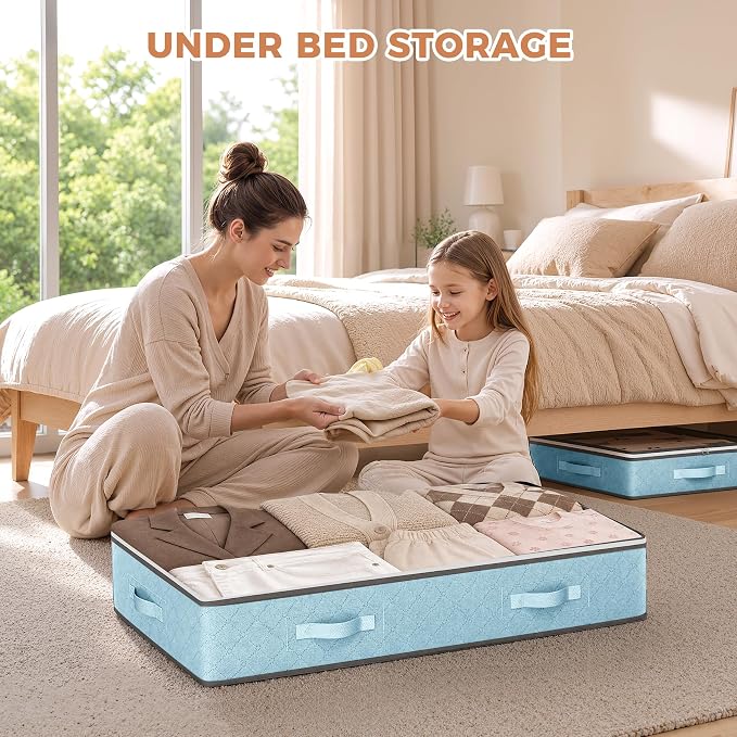 4 Pack Under bed Storage, Storage Bins with Clear Lids | Underbed Storage Bags for Blankets, Towels, Comforter, Sweaters, Linen Sheets, Wrapping Paper