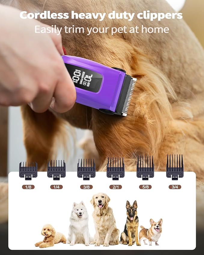 PAPMINI Dog & Cat Grooming Kit for Thick Coats, Heavy Duty Rechargeable Trimmer with LED Display & Storage Bag (Purple, 2 in 1)