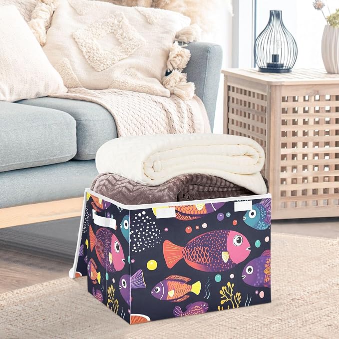 Fish Ocean Storage Bins with Lids Closet Bedroom 40L Storage Basket | Decorative Storage Boxes, Foldable & Stackable, Dust-Proof Flip Top, Reinforced Handles, For Home & Dorm, Clothes & Toy Box