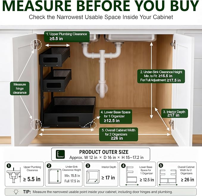 3 Tier Under Sink Organizer,2 Pack Pull Out Cabinet Shelves with Adjustable Height,Heavy Duty Carbon Steel L-Shaped Storage for Kitchen Bathroom Sink,Pantry & Laundry,Black