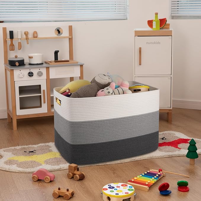 OIAHOMY 108L Extra Large Blanket Basket Dog Toy Basket radient Dark Grey | Rectangle Woven Baskets for Storage Cotton Rope Basket For Living Room Toy Storage Blanket Storage Laundry Basket
