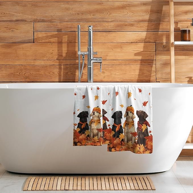 Giwawa Fall Dog Towel Set of 2, Autumn Pumpkins Orange Maple Leaves Funny Puppy Decorative Hand Towels, Thanksgiving Harvest Soft Face Towel Washcloth for Bathroom Guest Gym Spa Hotel Home
