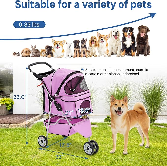 TTY Store Best 3 Wheels Pet Stroller for Dog Cat or Small Pet, Lightweight Foldable Pink