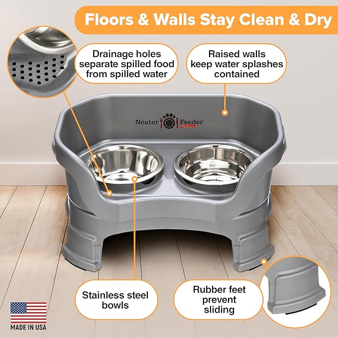 Neater Feeder Deluxe Mess-Proof Elevated Dog Bowls for Small Dogs (Up to 19 lbs), 2 Height Adjustable (6” & 7.5”) No-Spill Raised Dog Bowl Stand, Stainless Steel Food Bowl Set, Made in USA, Gunmetal