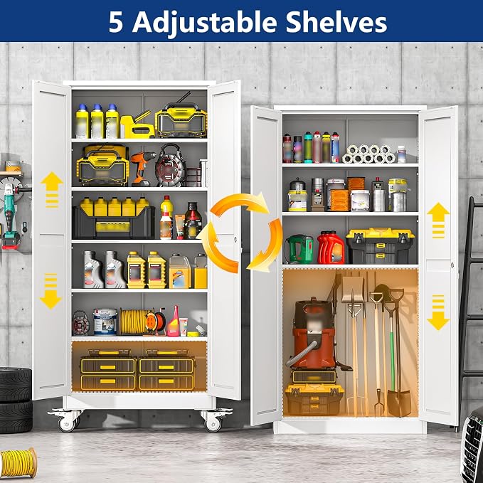 Ckzbx Metal Garage Storage Cabinet with Locking Doors and Adjustable Shelves,75" H Rolling Tool Storaget with Wheels for Garage,Office (White)