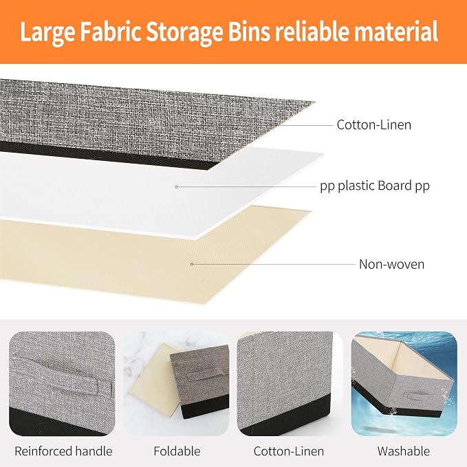 Linen Folding Storage Bins, 3 Pack Large Storage Baskets, Washable, Clothing Storage Bins with Handle, Closet Organizer for Storage Sweater,Sheets (gray black, 18½"x13½x8½)