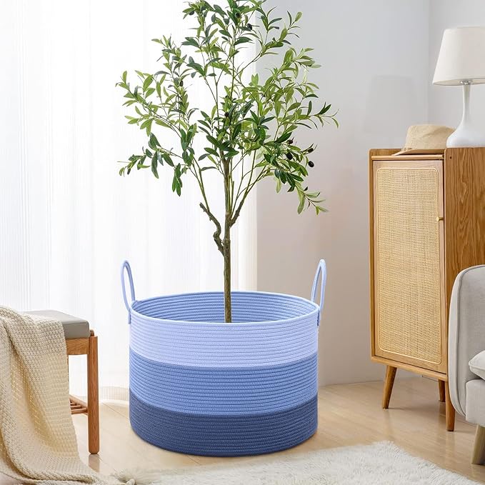 67L Large Woven Blanket Basket, Cotton Rope Baby Laundry Hamper with Handles, Kids Toy Basket for Classroom & Nursery, Soft Round Stuffed Animal Storage, Dog Toy Bin - 20"x13", Blue