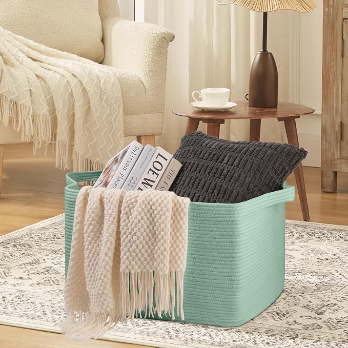 OIASKET 95L Extra Large Blanket Basket, 24" x 16.9" x 14.2" Woven Storage Basket for Living Room, Rectangle Nursery Blanket Storage for Toys, Towels, Dirty Clothes (Green)