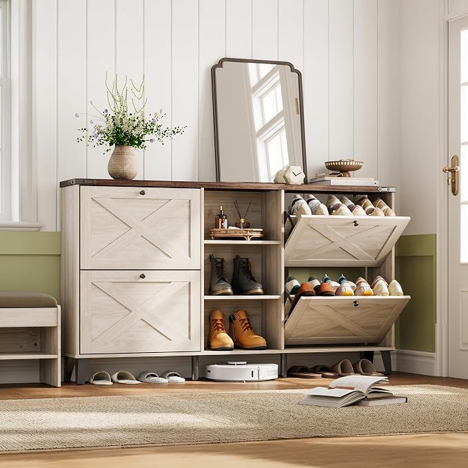 LINSY 63" Farmhouse Shoe Storage Cabinet Washed White | Tall Flip-Drawer Shoe Rack for Entryway, Adjustable Shelves for Boots, Heels & Sneakers Wood Finish with Sturdy Metal Legs