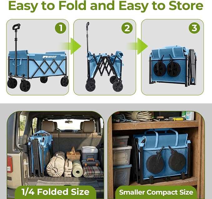 Small Collapsible Wagon Cart, Lightweight Portable Foldable Wagon with Wheels, 220lbs Utility Cart for Grocery, Light Camping, Sports, Easy to Fold & Store (Blue)