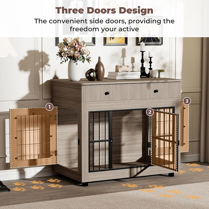 Dog Crate Furniture-Farmhouse Dog Kennel with Drawers, 40 Inch | Heavy Duty End Table, Wooden Decorative Pet Crate, Furniture Crate Dog iIndoor for Small Medium Large Dog, Oak Grey