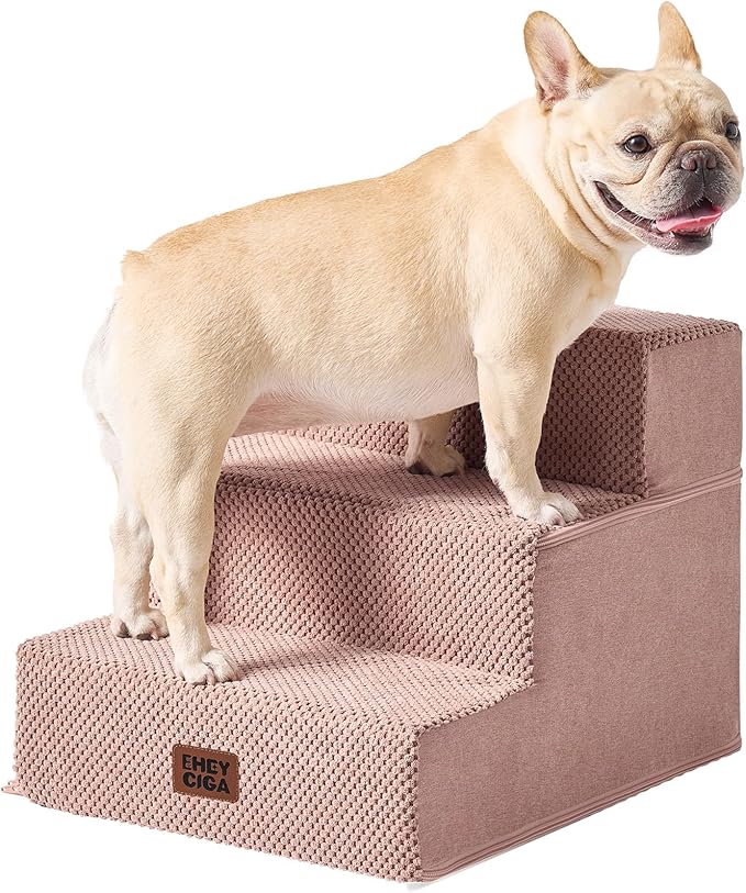 EHEYCIGA Dog Stairs for Small Dogs 13.5" H, 3-Step Dog Steps for Cats, Pink | Pet Steps for Couch Sofa and Chair, Non-Slip Balanced Pet Ramp Indoor