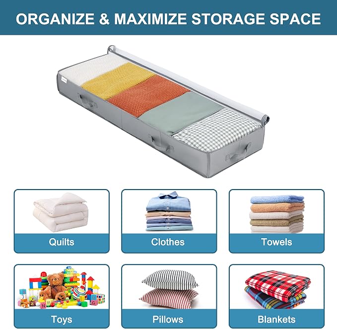 Under Bed Storage Containers, 2 Pack Under the Bed Bags, Clear Underbed Storage Bins with Sturdy | Adjustable Dividers | Sidewalls | Bottom, Closet Organizer for Clothes Sheet Blankets, 47.5x16x6in