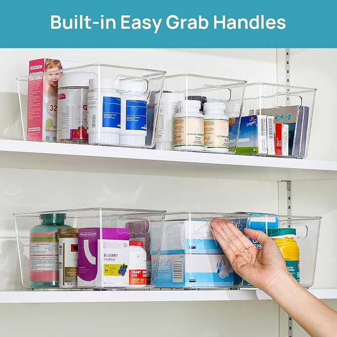 Vtopmart 6 Pack Clear Storage Bins, Pantry Cabinet Organizer Bins, Medium | Plastic Pantry Storage Bins with Handle, Storage Containers for Fridge, Cabinet, Kitchen, Countertops, Cupboard, Freezer