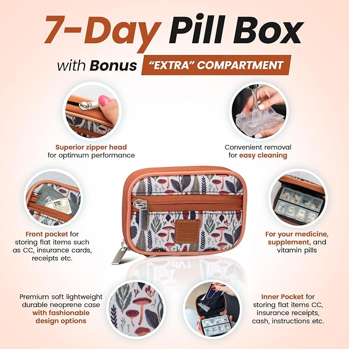 Made Easy Kit Pill Case for Everyday and Travel - 7-Day Weekly Medicine Supplement Vitamin Organizer Sorter Tracker - Neoprene Bag with Pockets - Compact Portable 8 Compartments (Light Brown Woods)