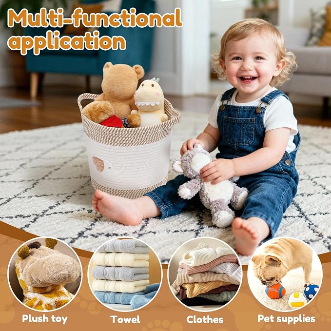 Storage Baskets for Organizing, 11” Woven Cotton Rope Storage Bin for Kids Dog Toy Organizer Clothes Hamper for Nursery Laundry, Blanket Basket for Living Room Decor Toy Basket(Style 1)