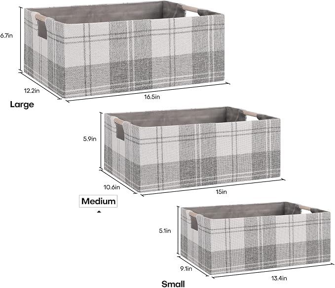 Fabric Storage Bin Box Collapsible Cotton Linen Storage Cube with Wooden Handles Rectangular Decorative Home Organizer Clothes Blanket Basket– Light Gray Plaid, Medium