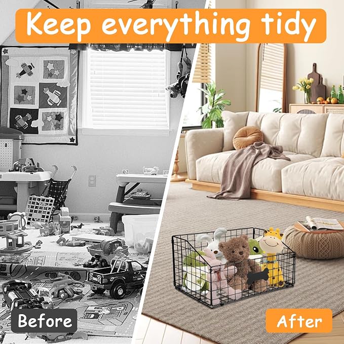 Geyecete Toy box for dogs large Dog Toy organizer Pet wire folding basket dog toy container dog toy box -Can be Personalized-Cat and Puppy-Black