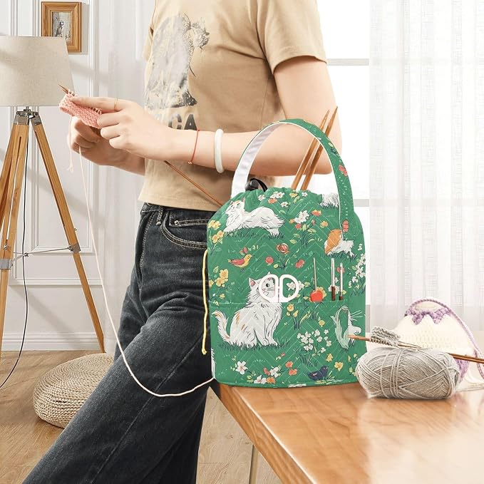Tatenale Crochet Bag Yarn Bag Knitting Project Bag with Pockets and Handle Portable Yarn Storage Organizer Tangle Free 8.3x11 InchGreen Persian Cat and Hummingbird in Spring39