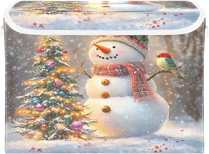 Whimsical Snowman Storage Bins with Lids and Carrying Handle,Foldable Storage Boxes Organizer Containers Baskets Cube with Cover for Home Bedroom Closet Office Nursery
