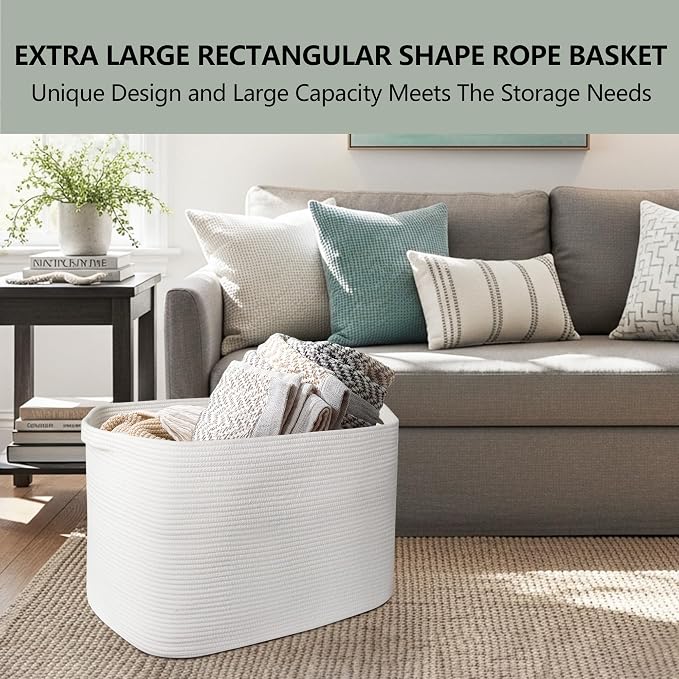108L Extra Large Storage Basket, 25" x 16" x 16" White Blanket Basket Living Room, Oversized Cotton Rope Blanket Storage, Woven Kids Dog Toy Bin Box Organizer, Laundry Shoes Towel Bin, White