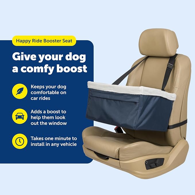 PetSafe Happy Ride Dog Booster Seat, Navy Blue, Up to 25 Lb | Raises Small Dogs to Window Height In Most Cars, Connects to Seatbelt with Safety Tether, Fleece Liner Is Machine Washable