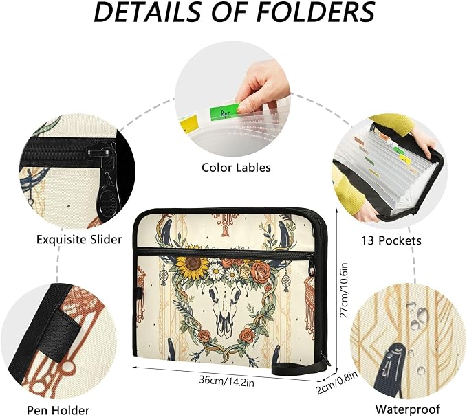Bohemian Bull Skull Pattern with Sunflowers Expanding File Folder with Sticky Labels, 13 Pockets Accordion File Folder Document Organizer Expandable Zip File Folder with Zipper Closure
