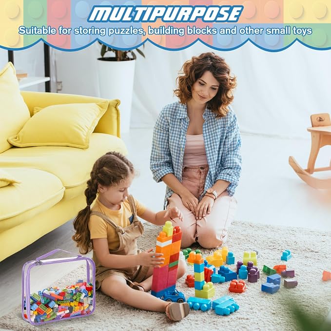 Sanwuta 6 Packs Toy Storage Bags with Zipper,Large,Cute Colors | Clear Waterproof Games Storage， Large Portable PVC Container， Reusable Organizer for Board Games, Building Blocks, Puzzles