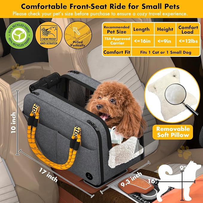 PAWZIDEA Center Console Dog Car Seat, Secure Straps & Anti Slip, Up to 12lb | Enclosed Small Dog Armrest Booster Car Seats, Anti-Collapse Portable Pet Carrier Soft-Sided, Removable Pillow &Storage Pocket