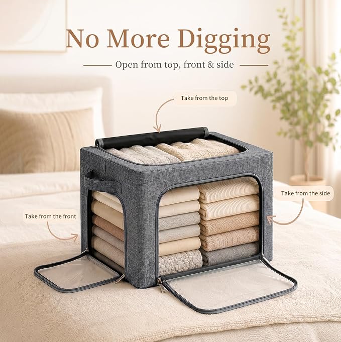 GoMaihe Clothes Storage Bins with Metal Frame for Sweaters, 40L 6-Pack Grey | Seasonal Clothes Hoodies Jeans, Closet Top Shelf Linen Closet Organizer, 3 Side Access Stackable Collapse-Proof, Clear Window