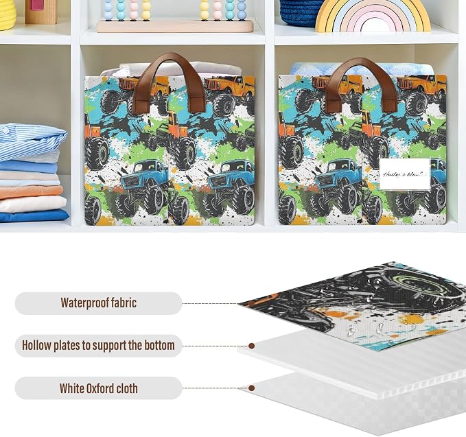 Colorful Monster Truck Splash Trucks Storage Basket with Labels&Handles Rectangular Waterproof Nursery Storage Bins Collapsible Shelf Organizer Baskets for Kids Books Cloth Gift Toys Laundry, 2 Pack