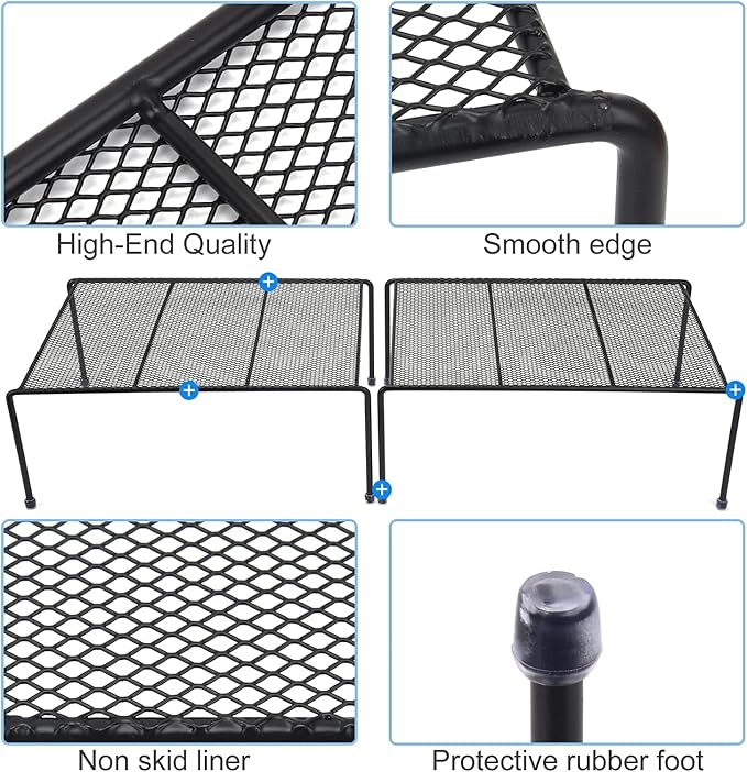 Set of 2 Mesh Kitchen Shelves Cabinet Storage Shelf Rack (13.1 x 10.2 Inch) ，Kitchen Bathroom Pantry Cupboard Desk Home Office, Fridge, Cabinet, Bathroom Cupboard, Non-slip Plastic Feet (2, Black)