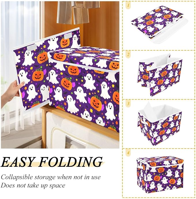 Halloween Pumpkin Storage Bins with Lids Closet Bedroom 40L Storage Basket | Decorative Storage Boxes, Foldable & Stackable, Dust-Proof Flip Top, Reinforced Handles, For Home & Dorm, Clothes & Toy Box