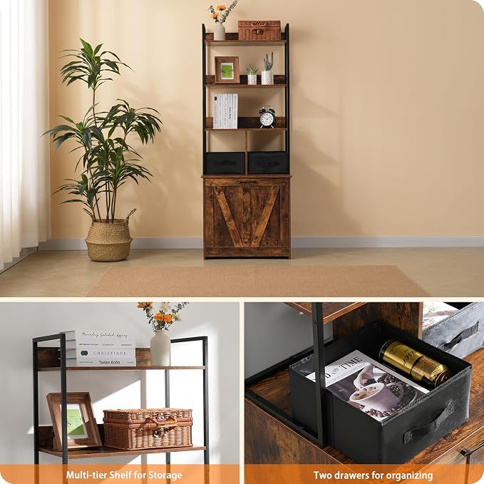 Dwanton Cat Litter Box Enclosure, 3 Storage Shelves and 2 Drawers, 61.8" H | 2-in-1 Hidden Cat Litter Box Enclosure Furniture with Shelf, Metal Frame, Reversible Entrance, Washable Drawers, Rustic Brown