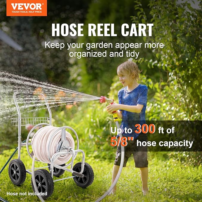 VEVOR Hose Reel Cart, Hold Up to 300 ft of 5/8’’ Hose, Garden Water Hose Carts Mobile Tools with 4 Wheels, Heavy Duty Powder-Coated Steel Outdoor Planting with Storage Basket, for Garden, Yard, Lawn | for Garden, Yard, Lawn, Mobile Tools with 4 Wheels,...