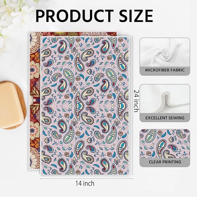 2PCS Vintage Boho Floral Kitchen Towels 14x24 Inch, Absorbent Microfiber Decorative Dish Cloth Tea Towel, Retro Colorful Flower Dish Tea Towels Drying Cloth for Kitchen, Housewarming Gifts for Women01