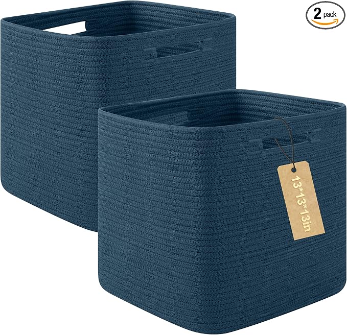 OIAHOMY 2 PACK Cube Storage Bin 13 Inch Collapsible Storage Cube Blue | Cube Storage Organizer Storage Bins for Shelves Baskets for Organizing Woven Rope Storage Baskets