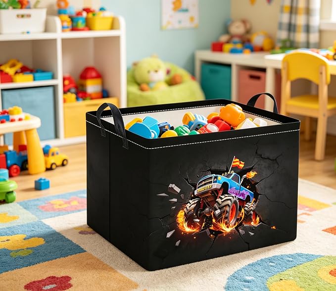 Rectangular Kids Basket Baby Girl Basket Fabric Storage Bin Organizer Box Room Decor(Blasting Truck)