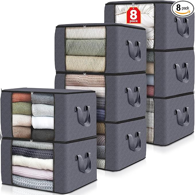 8 Pack Storage Bags for Clothes Blanket Storage Bins with Lids | Foldable Closet Organizers with Zippers,Window and Handles,Fabric Storage Bins for Sweater,Comforter,Bedding,Dorm essentials