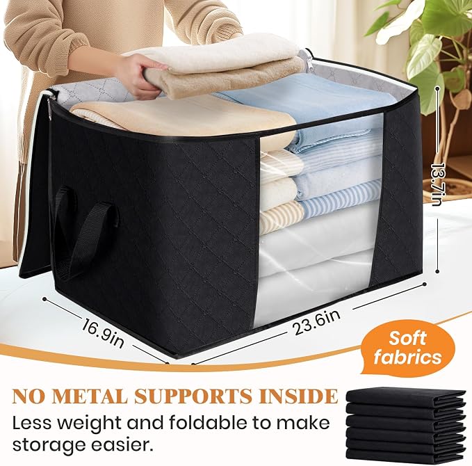 90L Clothes Storage, Foldable Thick Fabric Blanket Storage Bags | Foldable Containers with Zippers,Window and Handles for Organizing Bedroom, Closet, Comforter, Bedding,Dorm essentials