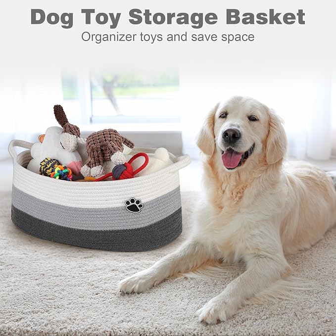 Optish 40L Extra Large Dog Toy Basket, 20" x 14" x 9" XL Toy Storage Box and Bin with Handles, Woven Cotton Rope Foldable Basket for Blankets, Living Room, Bedroom, Home Decor, White & Grey