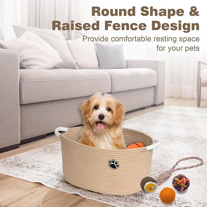 Optish 25L Dog Toy Basket,16.5" x 11" x 9" Medium Toy Storage Box and Bin with Handles, Woven Rope Foldable Basket for Blankets, Living Room, Bedroom, Home Decor, Camel