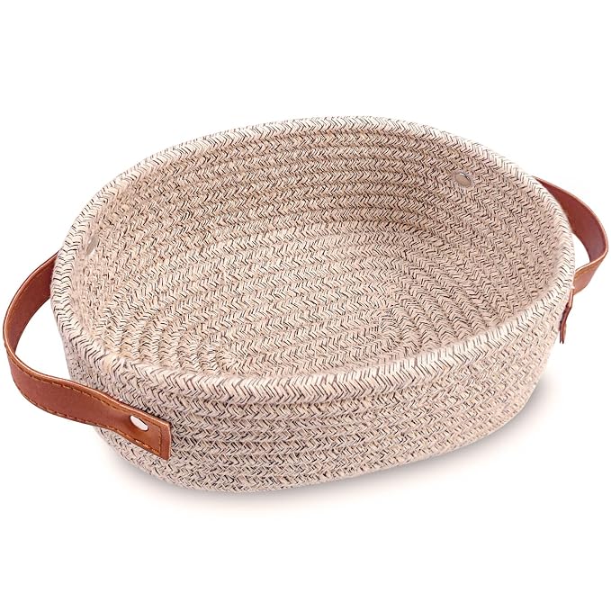 ABenkle Small Woven Basket, Mini Cotton Rope Storage Basket, Tiny Easter Basket, Shelf Basket, Oval Decorative Toy Dog Cat Basket for Nursery, Empty Gift Basket, 9.4" x 5.9" x 3.9" XS