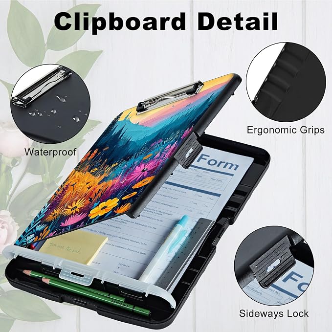 A4 Clipboard with Storage Pen Holder, Clipboards Organizer Nursing Clipboard Foldable File Folder Plastic Clipboard Folio Clip Board for Office Work Classroom Doctor, Mountain Wildflowers
