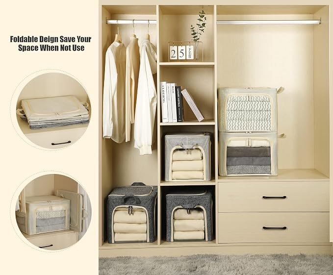 3 Openings Clothes Storage Bins with Metal Frame, Foldable Storage Bin for Clothes, Clothing Storage Bins with Lid, Linen Storage Box With Clear Window＆ Zippers＆ Durable Handles.(3 Pcs ,Beige,40L)